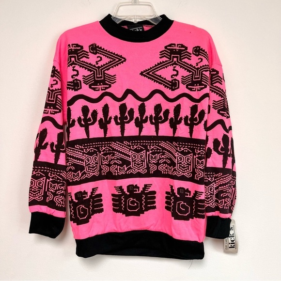 Vintage Deadstock Kicks 80s 90s Neon Cactus Southwestern Aztec Fleece Sweatshirt - Picture 1 of 7